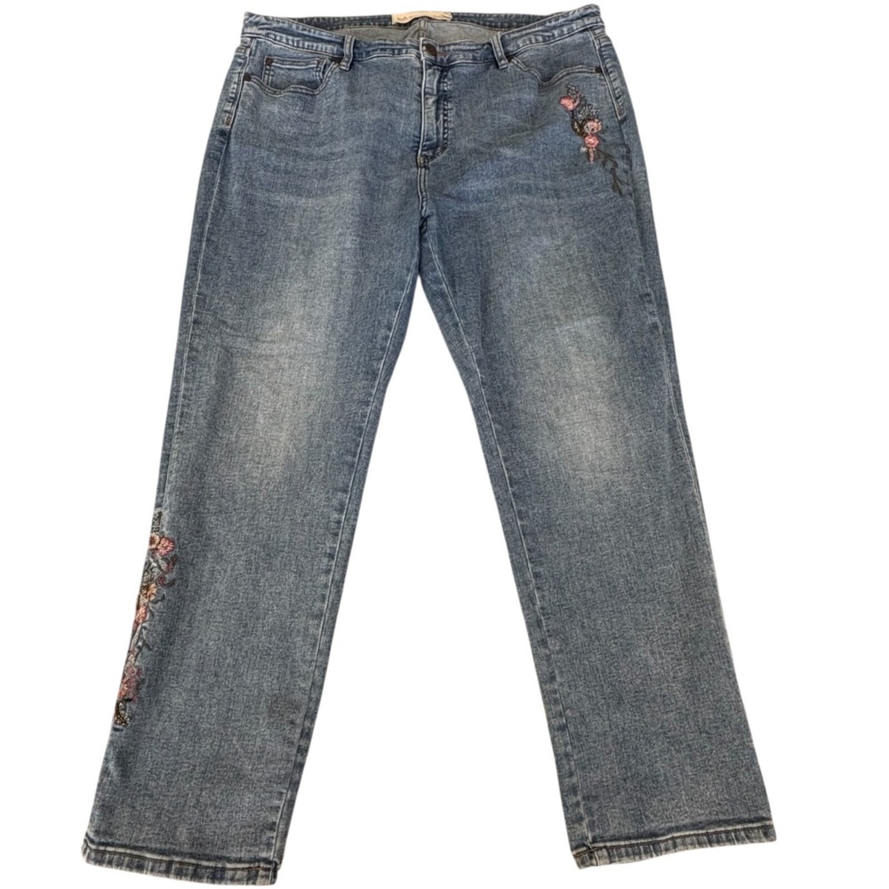 Soft Surroundings Jean 18W Ultimate Straight Crop Women Denim Boho Embroidery